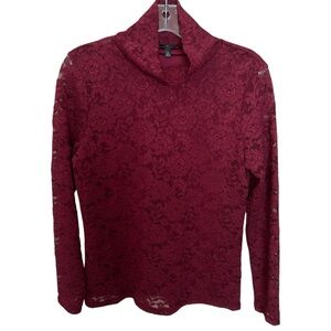 Talbots Women’s Deep Red Lace Pullover Romantic Elegant Turtleneck Blouse SZ MP